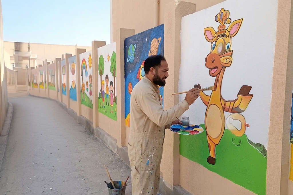 رسام ينفذ رسومات ملونة على جدار حضانة